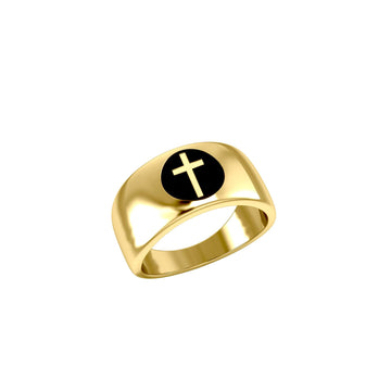 Spiritual Elegance Sterling Silver With 14K Vermeil Plate Faith Cross Men Band Ring with Black Accent by Peter Stone Jewelry VRI2475 - Jewelry